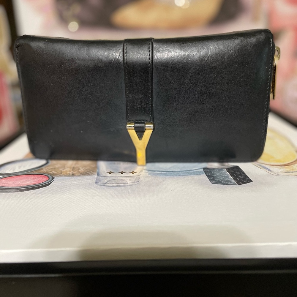 Saint Laurent Y Line Zip Around Wallet in black leather and gold hardware